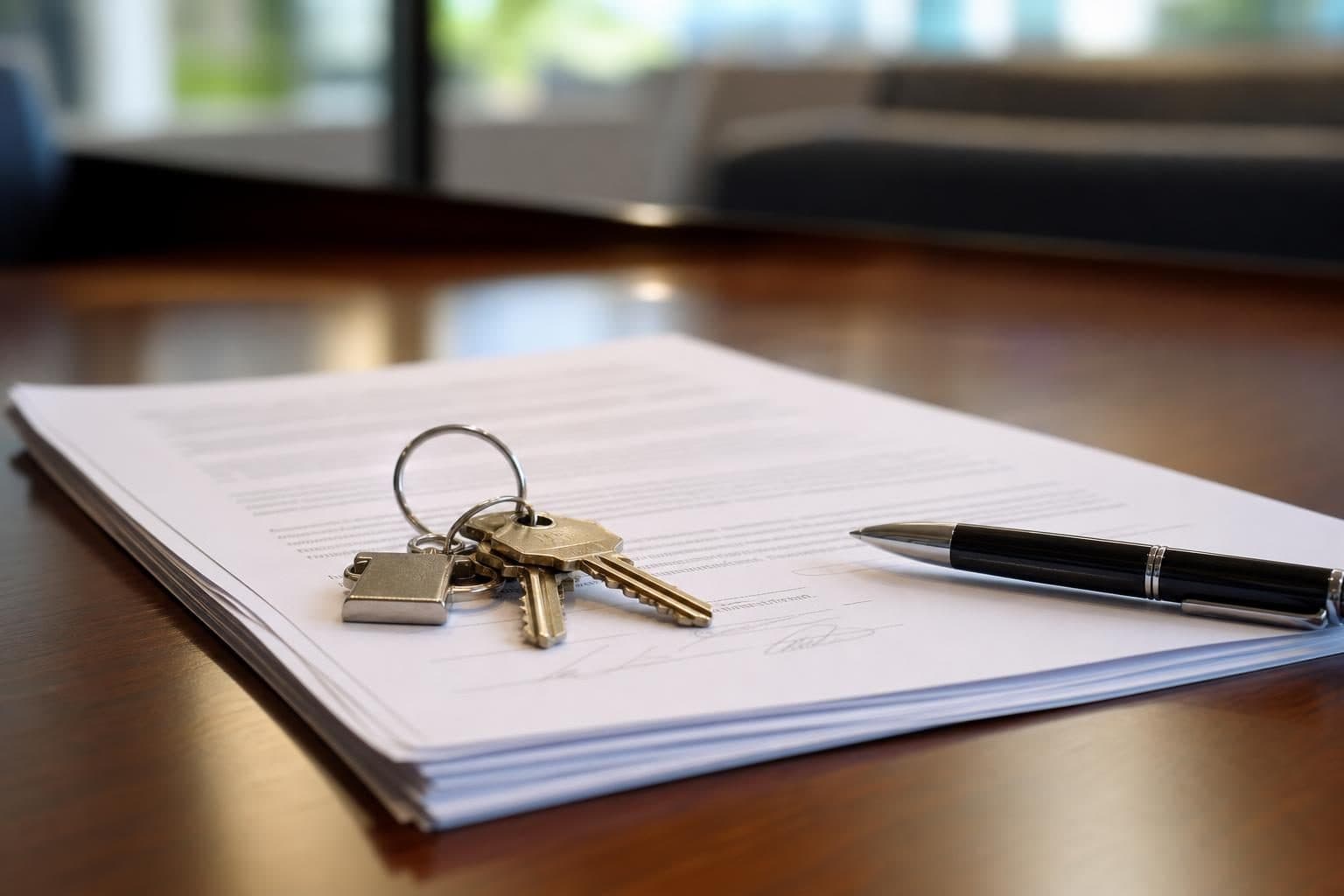House keys resting on signed closing documents at a title company