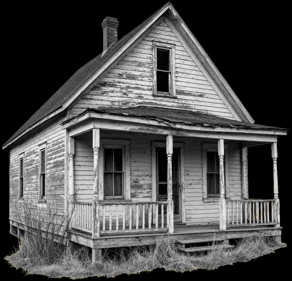 Old weathered wooden house with a sagging porch and overgrown grass